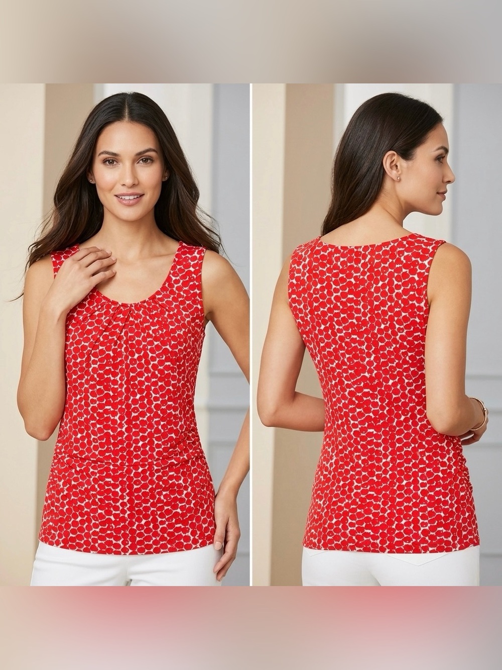 NEW YORK & COMPANY Women’s Red Geometric Ruched Sleeveless Pleated Top Size M